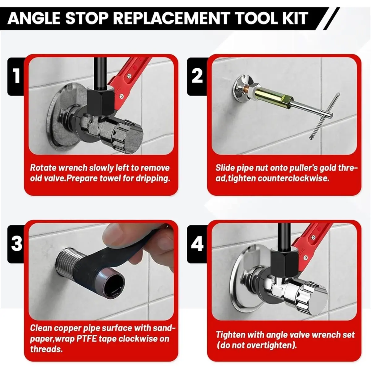 6 Pcs Plumbing Tools Kit with Angle Stop Wrench & 1/2-Inch Compression Sleeve Puller,Plumbers Wrench, Sandpaper