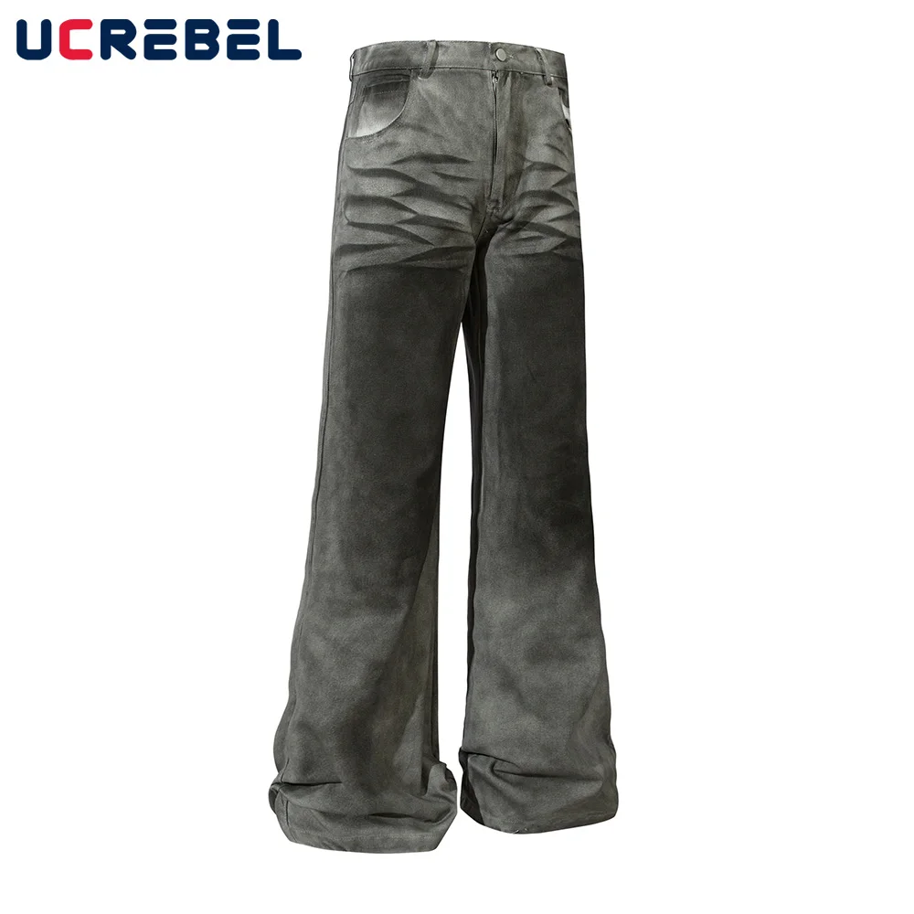 Washed Distressed Flare Pants Mens Vintage High Street Pocket Loose Casual Trousers Men