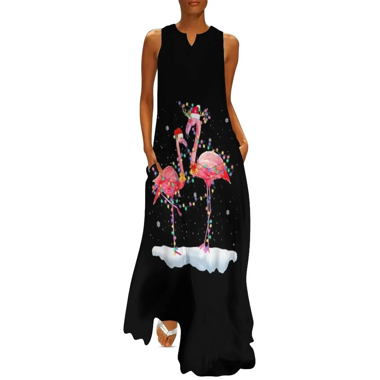 

Flamingo Christmas Tree Santa Hat Xmas Light Merry Christmas Long Dress women long dresses Dress