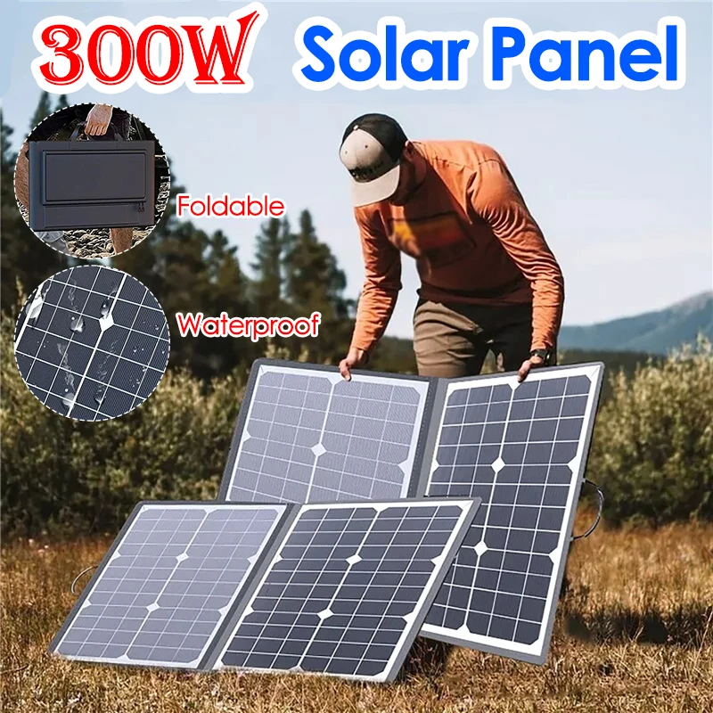 300W Portable Foldable Solar Panel Monocrystalline Silicon Folding Bag with 10 DC Power Adapters for Camping Outdoor Emergency