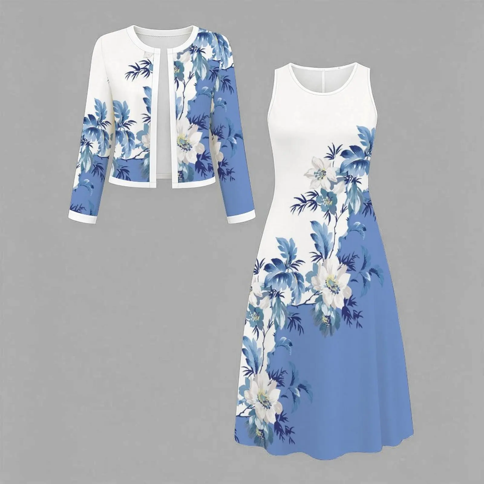 2pcs Fashion Retro Dress Round Neck Print Sleeveless Skirt Women's Daily Street Elegant Long-sleeve Coat