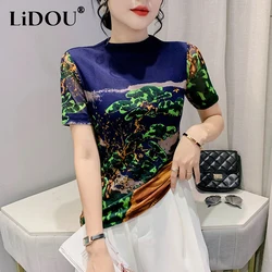 Summer Fashion O Neck Fashion Printing Pullover Top Women Short Sleeve Slim Casual Vintage T-shirt Ladies Harajuku Y2K Mesh Tee