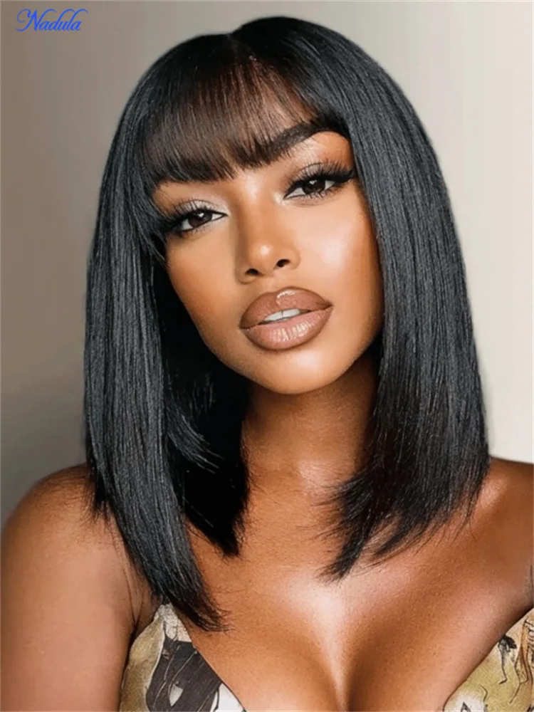 

NADULA Yaki Straight Bangs BOB Wig 100% Human Hair 4x2inch Lace Part Bob Human Hair Wig Natural Black Color for Women