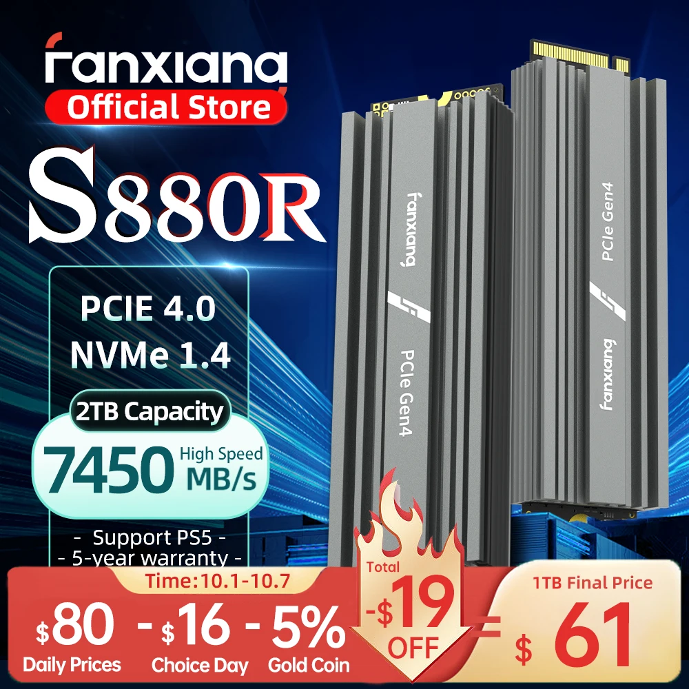 Fanxiang S880R 7450MB/s SSD NVMe M.2 2280 4TB 2TB 1TB Internal Solid State Hard Disk With Heatsink SSD Drive for PS5 PC Laptop