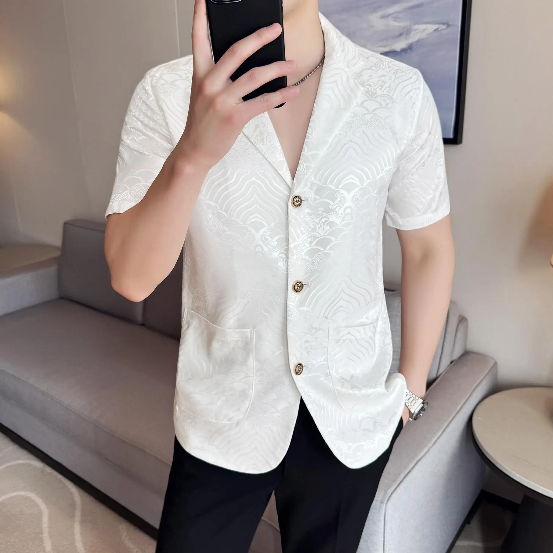 2025 Summer Ice Silk Sunscreen Suit Jacket for Men Short Sleeve Slim Fit Casual Business Blazers Retro Jacquard Costume Homme