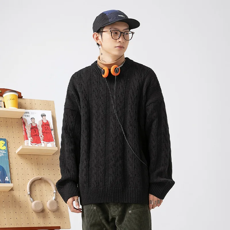 

Men's Cable Knit Sweater Solid Color Round Neck Pullover Unisex Retro Oversized Knitwear​