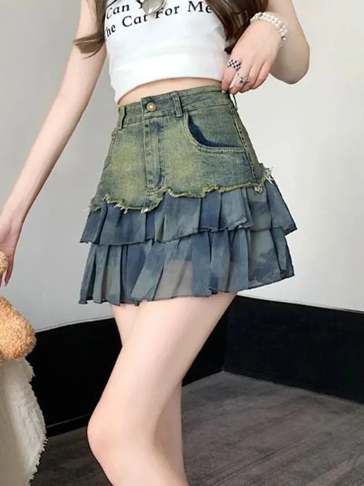 Jmprs Retro Ruffles Denim Skirt Women High Waist Slim Sexy Y2K Mini Skirts Sreetwear Vintage Patchwork Summer Lady A Line Skirt