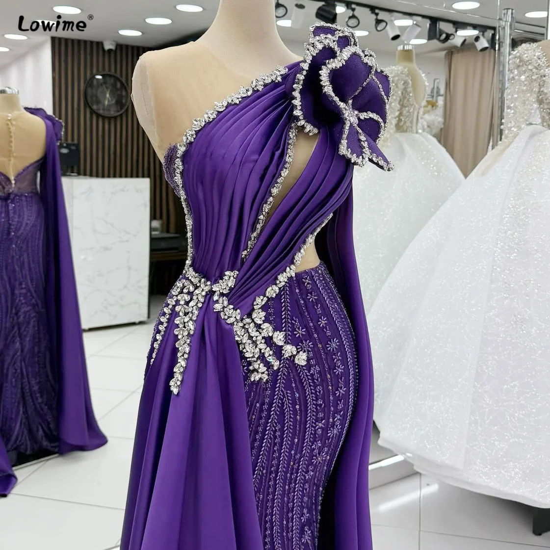 2025 الأرجواني الأزهار ثوب مسائي خارج على الكتف كريستال حورية البحر فستان قطار كوكتيل فستان حفلة موسيقية فستان للتخصيص #4