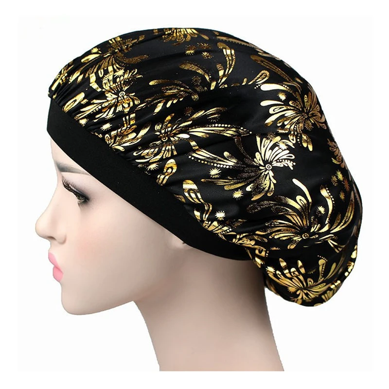 Hot Imitation Silk Wide-brimmed Night Cap Leopard Print Color With Streamer Round Cap Shower Cap Hairdressing Bonnet