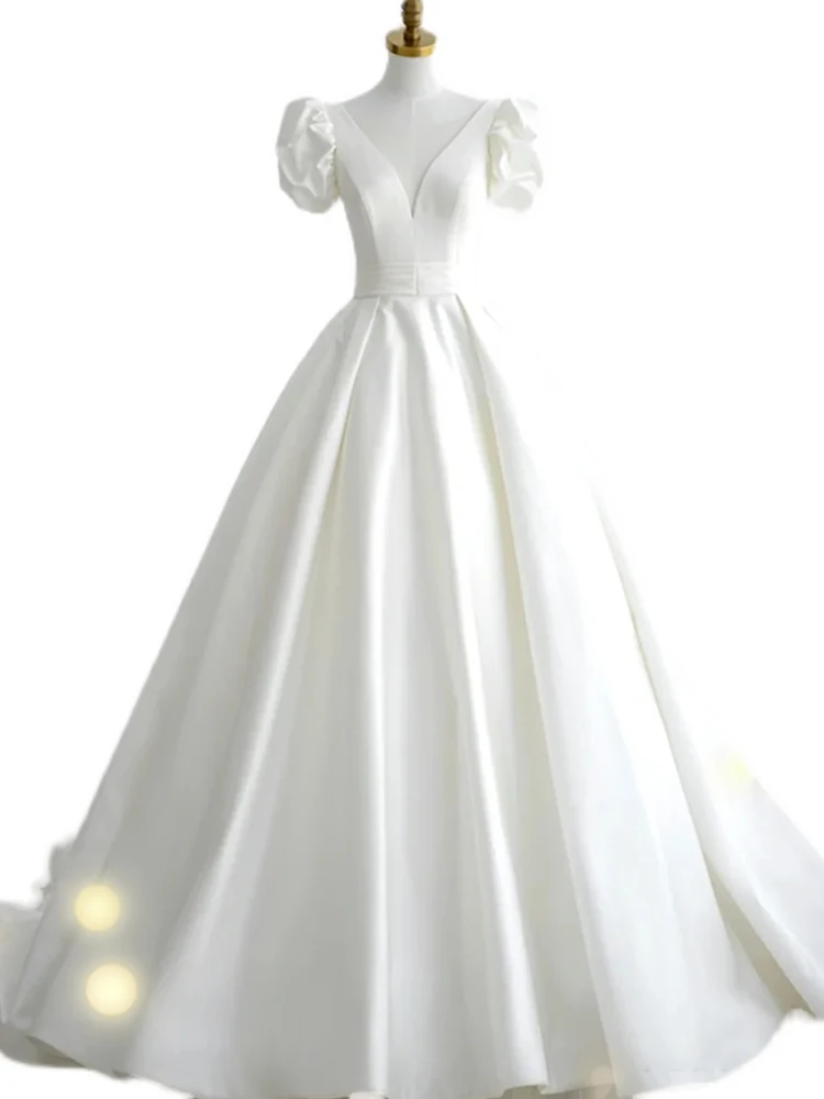 Customized Satin Wedding Dress Bridal Dress V-neck  Vestidos De Novia Lace Up Ball Gowns Plus Size Wedding Dresses