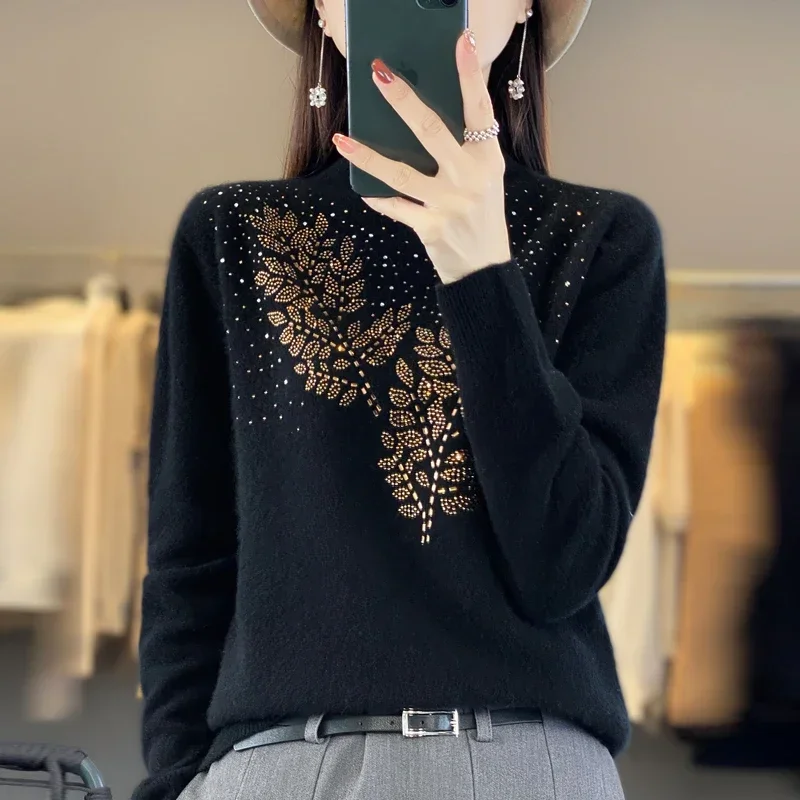 High Collar Wool Sweater Women\'s Rhinestone Loose Pullover Autumn And Winter Chic Long Sleeve Top Knitted Solid Color Turtleneck