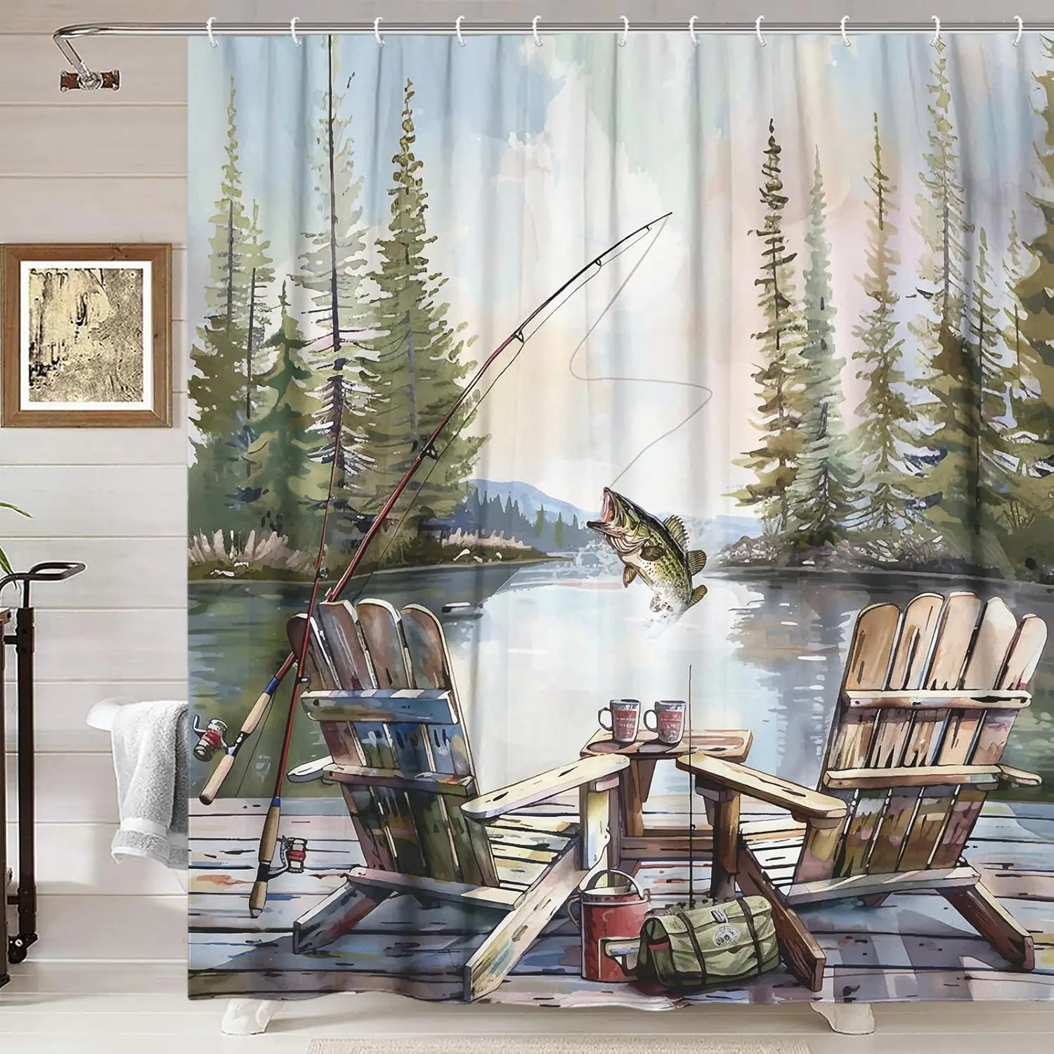 Rustic Fishing Shower Curtain, Country Lodge Cabin Bass Fish Lake Shower Curtain, Funny RV Farmhouse Hunting Camp Forest Nature