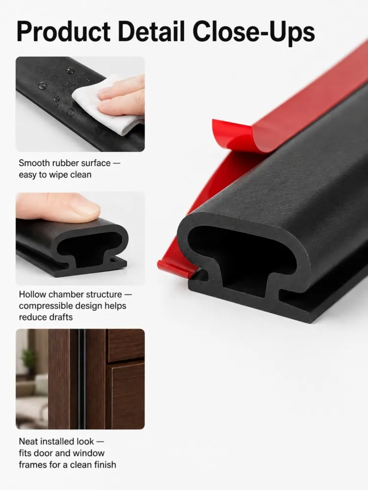 6M Selbstklebender Türdichtungsstreifen aus Gummi, Schalldämmend, Isolierend, für Fensterrahmen, Wetterdichtung, Hohlraumdesign zur Spaltfüllung – Detail 5