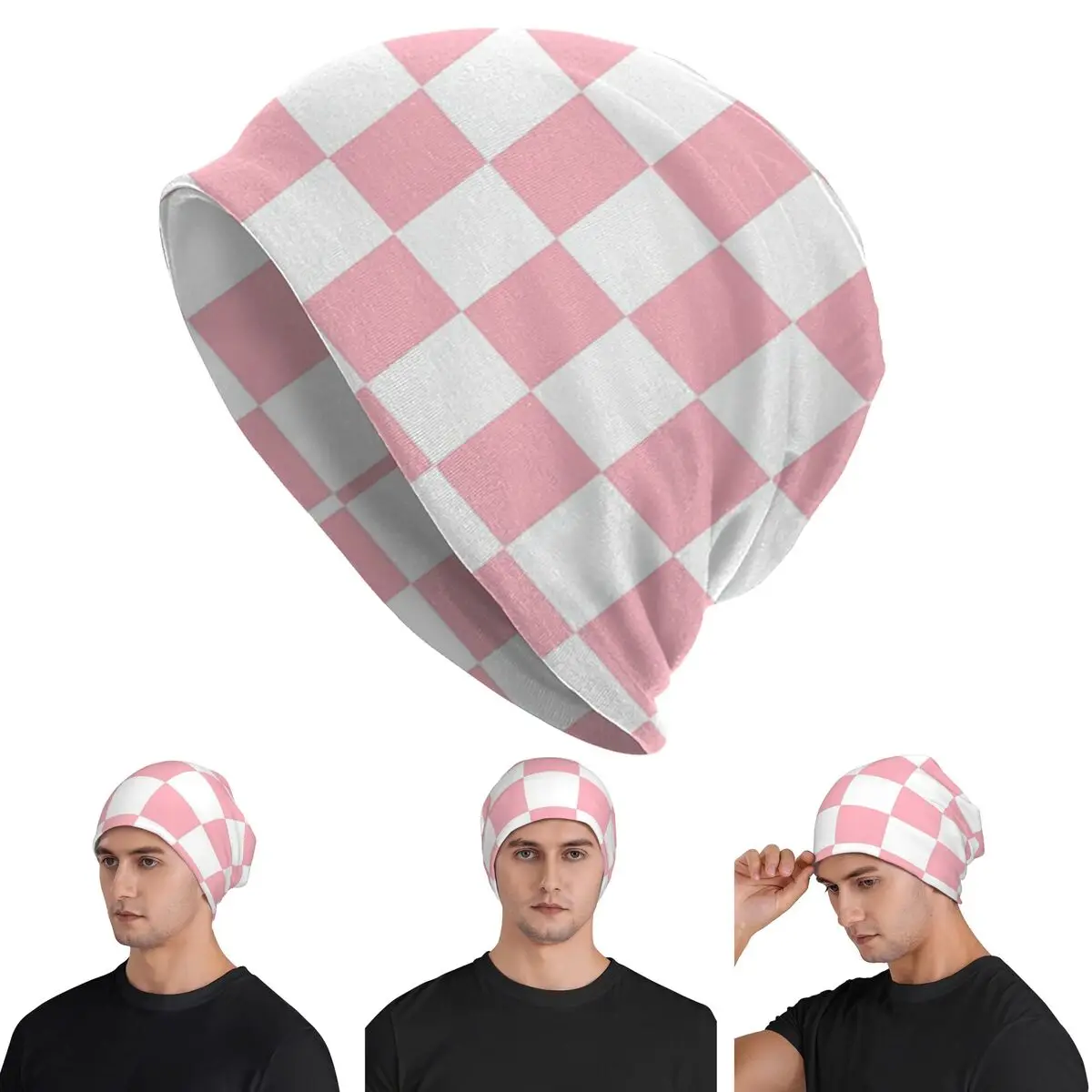 

Розовые, белые шапки с шахматным узором Skullies, шапки, теплая осенне-зимняя уличная шапка, вязаные шапки для мужчин, женщин и взрослых