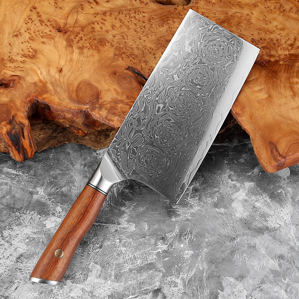 

7.5 Inch Damascus Cleaver Knife,Damascus Steel Sharp Slicing Knife for Vegetable Meat,Professional Butcher Knife Rosewood Handle