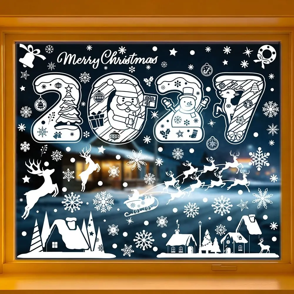 Electrostatic Merry Christmas Window Stickers 2027 Mutlicolor Window Static Clings Snowflake Snowman Santa Photo Props
