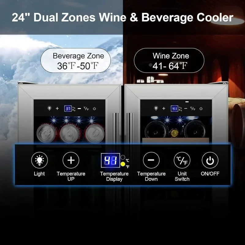 Wine and Beverage Refrigerator Dual Zone, French Door Wine and Beverage Cooler Built-In or Freestanding Drink Fridge