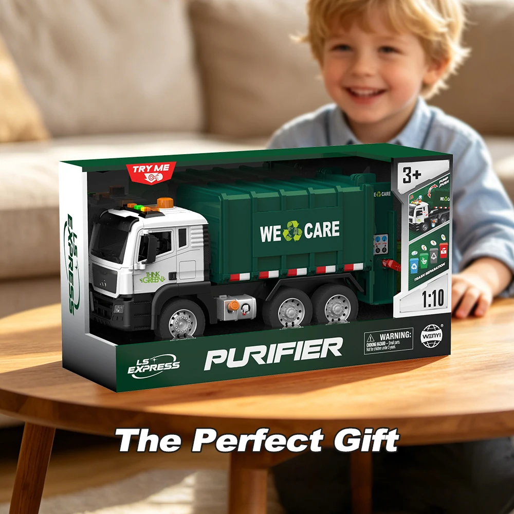 1:10 Scale Large Garbage Truck Toy, Friction Powered Waste Management Truck with Air-Powered Lifting, Lights & Sounds, Storytell