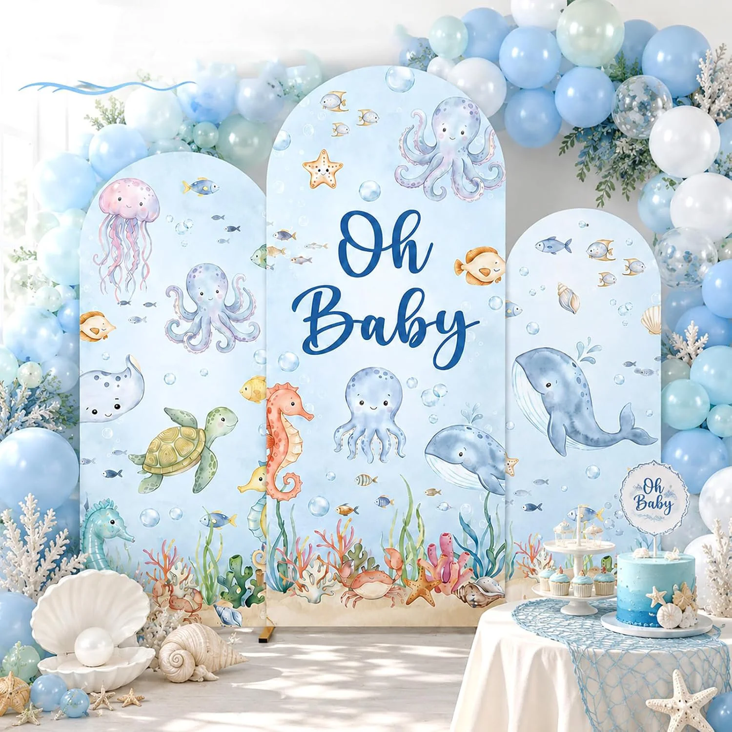 Custom 2-sided Under The Sea Baby Shower Chiara Arch Backdrop Cover Ocean Theme Gender Reveal Birthday Party Background Supplies