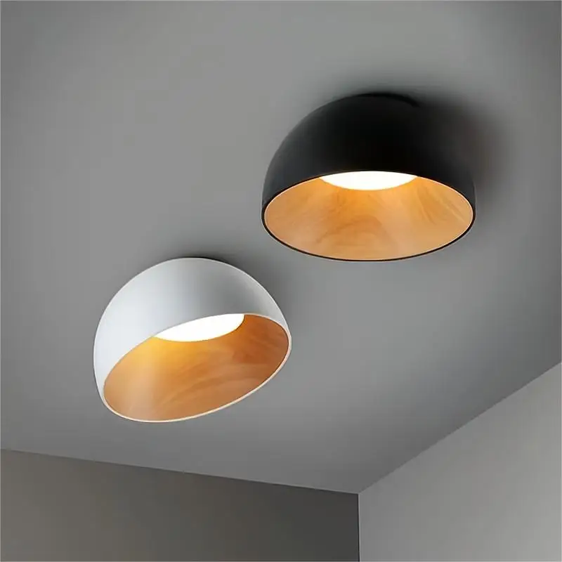 Japanese Minimalist Creative Wood Grain LED Ceiling Lights Half Round Moon Lamp Study Bedroom Lobby Entrance Lighting Fixtures