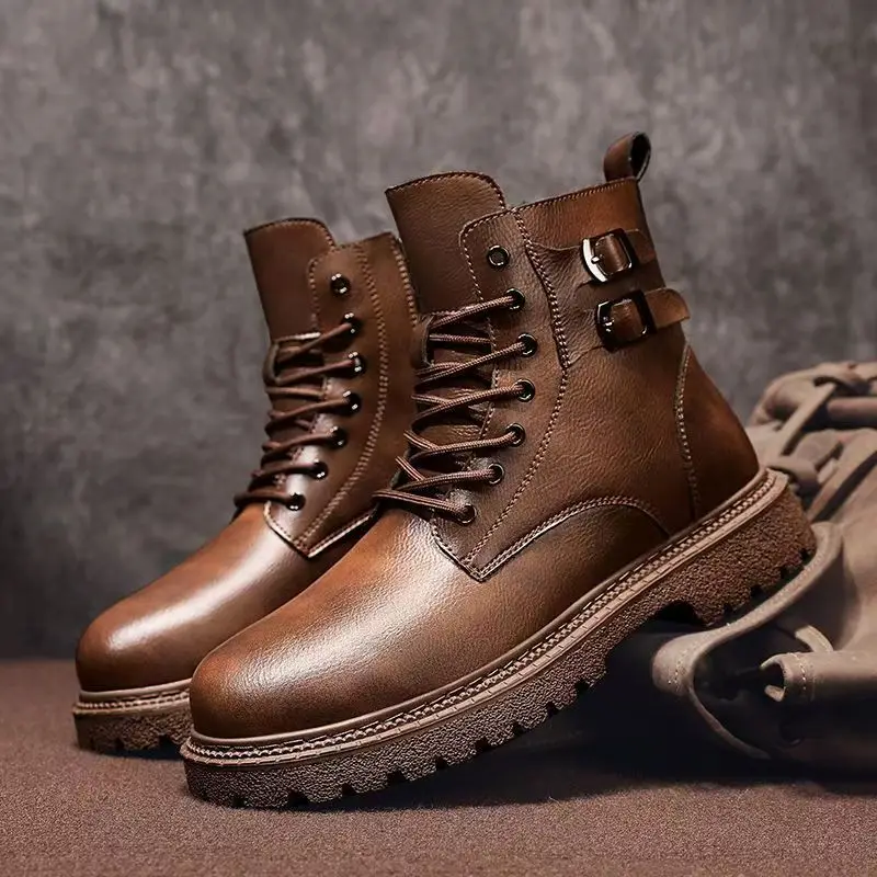 Men Autumn Winter Big Size Genuine Leather High Top Boots Thick Sole Non Slip Zippers Plush Warm Work Boots Motorcycle Boot
