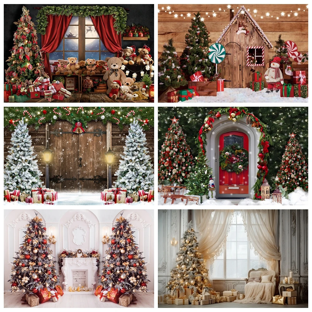 2024 Christmas Party Backdrop Xmas Tree Gift Fireplace Window Wood Door Snowman Baby Family Portrait Photography Background Deco