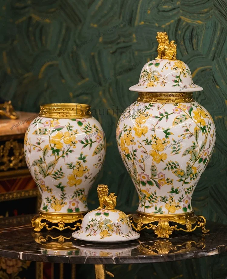 LS blue and white porcelain Chinese vase, national style ceramic with copper high-grade ornament, entrance partition Bogu frame
