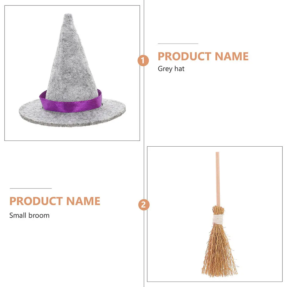

2Sets Halloween Hats and Brooms Mini House Scene Decorations Cosplay Party Supplies Tiny Witch Hat Broom Ornaments