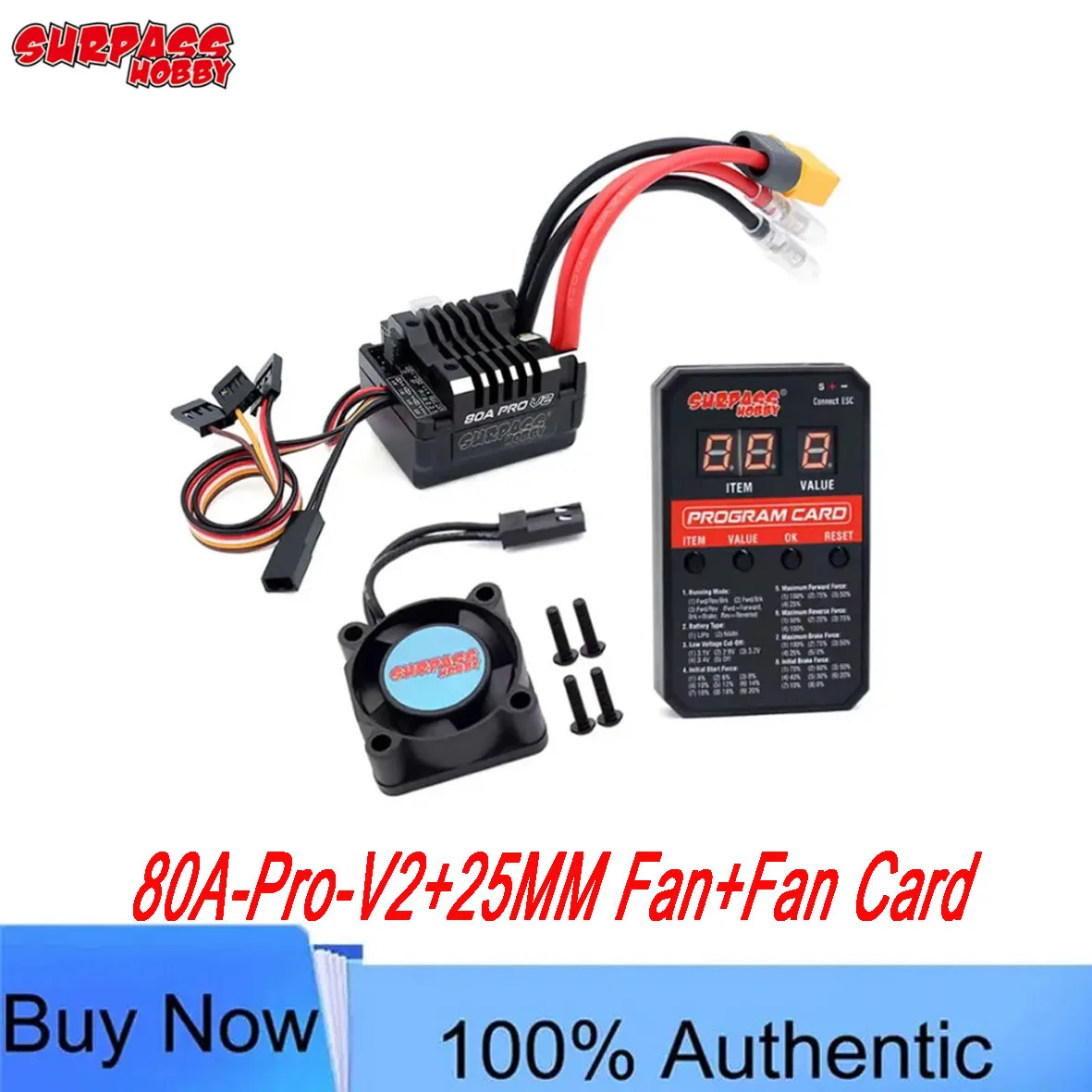 SURPASS HOBBY New 80A Pro V2 Brushed ESC-Built-in BEC 6.0V-8.4V, Waterproof,Fan&Programming Card for RC 1/10 Crawler Brushed Car