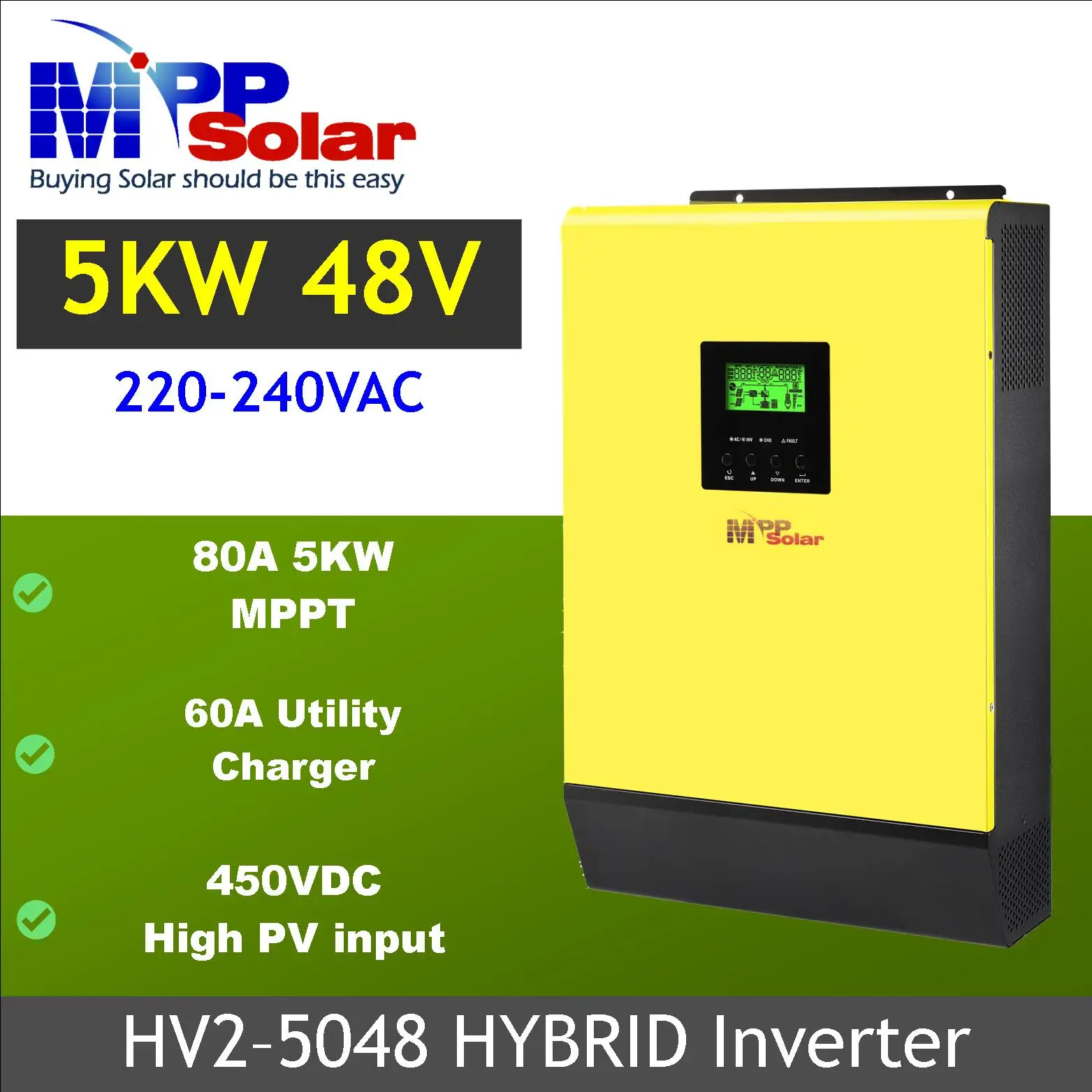 Chargeur solaire hybride HV V2, 5048x2, 10kW, 48V, 230 ylique, MPP, Sicile, 80A, MPPT, entrée longue durée, batterie 450V, 60A