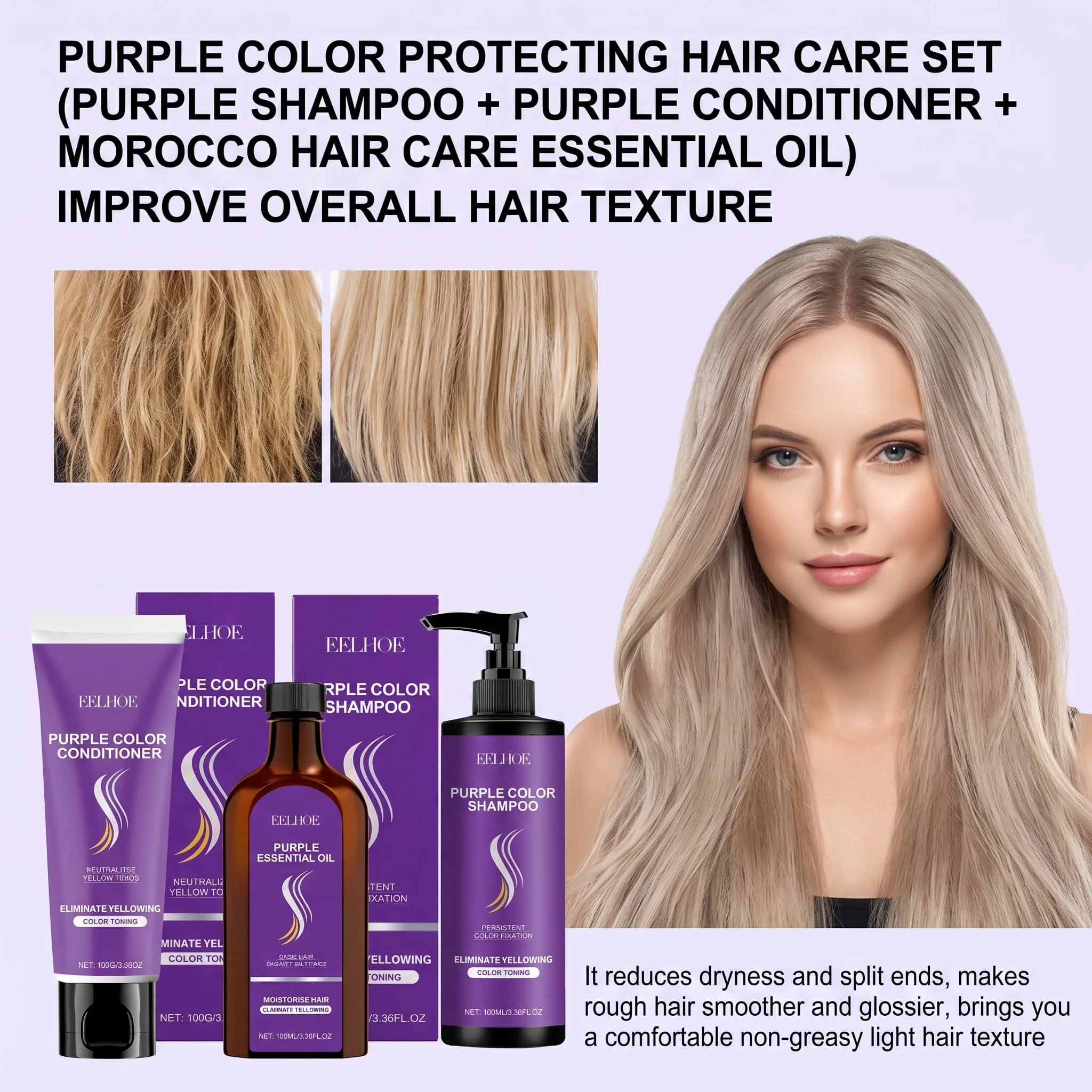 Set de Champú Morado con Acondicionador, Aceite Capilar y Sérum, Protector del Color, Nutritivo, Hidratante y Suavizante para el Cuidado del Cabello Seco y Dañado