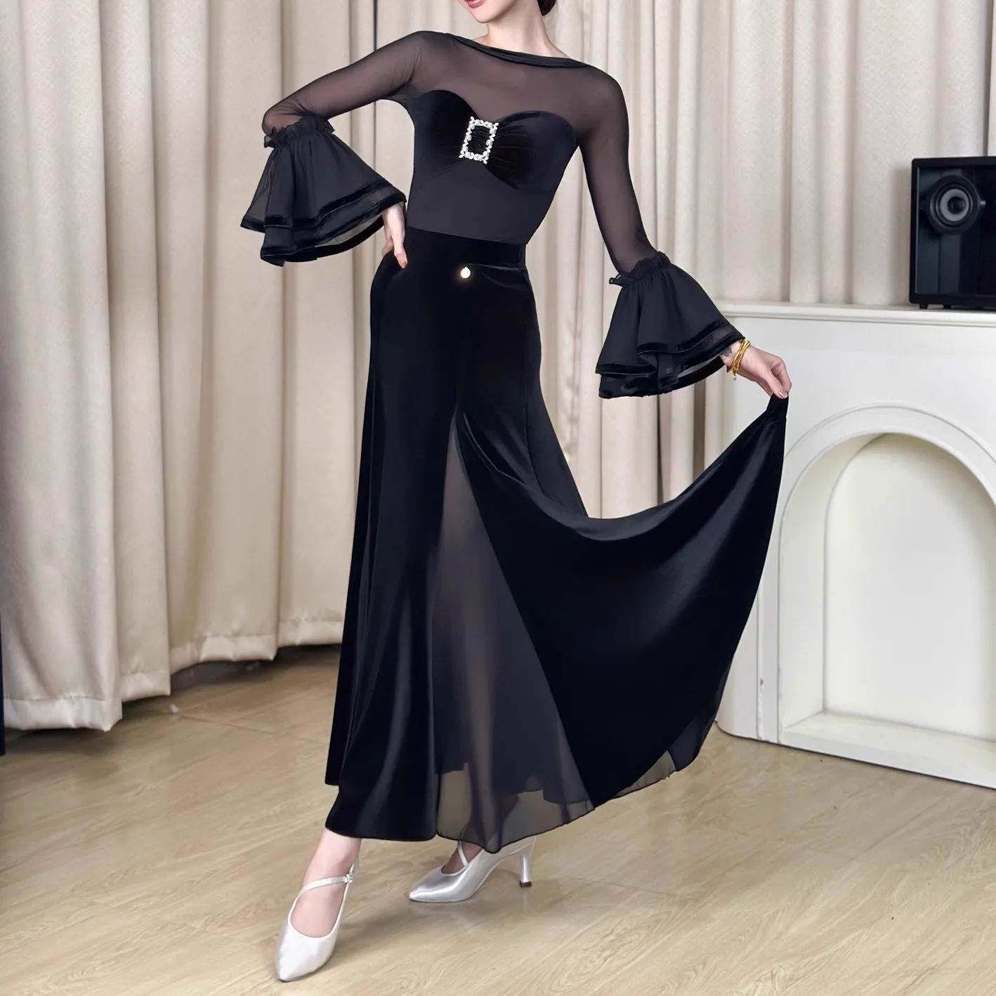 Moderne Dans Fluwelen Rok Voor Vrouwen Volwassen Nationale Standaard Dans Mesh Halve Rok Chacha Ballroom Dansvoorstelling Slijtage DN21960