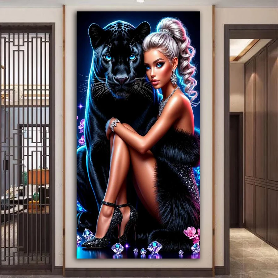 

Fullcang Black Panther Woman Large Size Diy Diamond Arts Painting Animals Beautiful Lady Full Mosaic Embroidery Picture 50x100cm