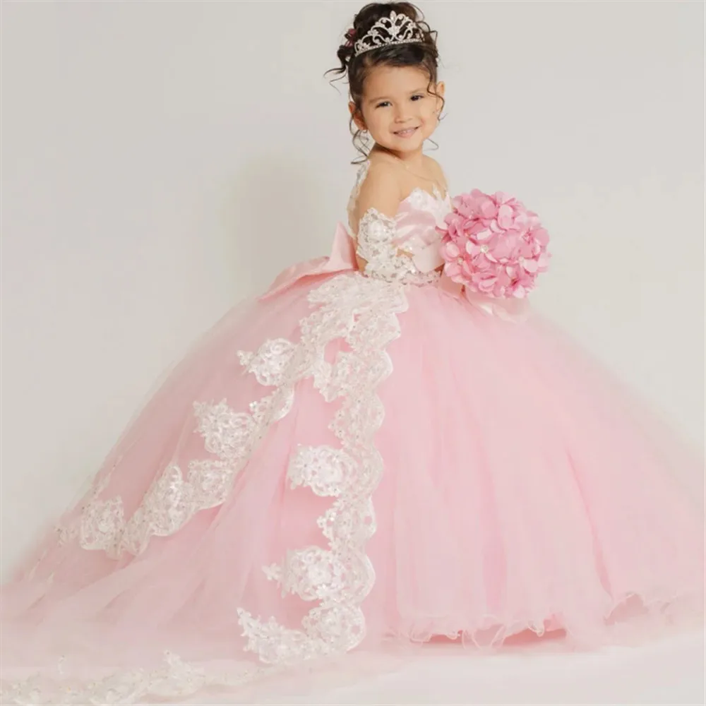 Robe de mariée à fleurs roses pour filles, manches longues, avec des Appliques en dentelle avec nœud, robe de fête d'anniversaire pour enfants, robe de bal, de Banquet, de Communion