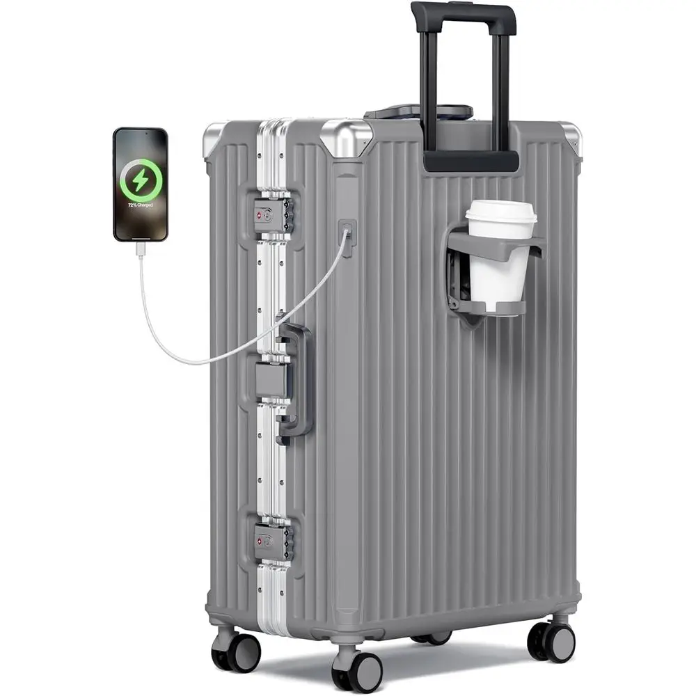 28 Inch Aluminum Frame Zipperless PC Hard Shell Large Checked Luggage Spinner Wheels Cup Holder USB Charger Travel Suitcase