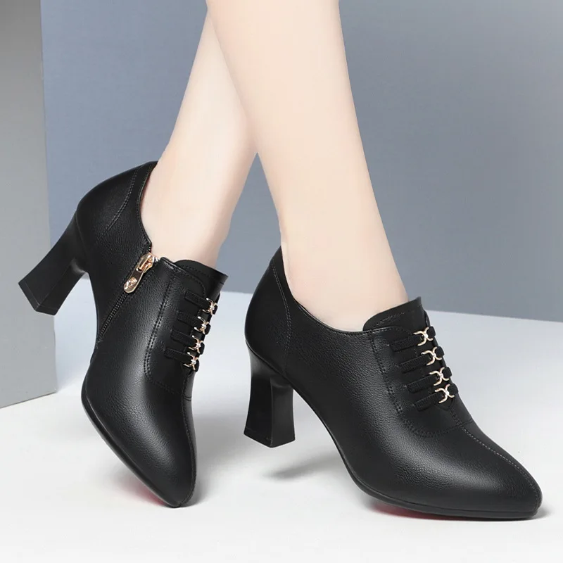 

Soft Deep Mouth Block Heels Platform Shoes Women Pumps 2024 Pointed Toe Ladies Leather Shoes Woman High Heel Office Shoes Black