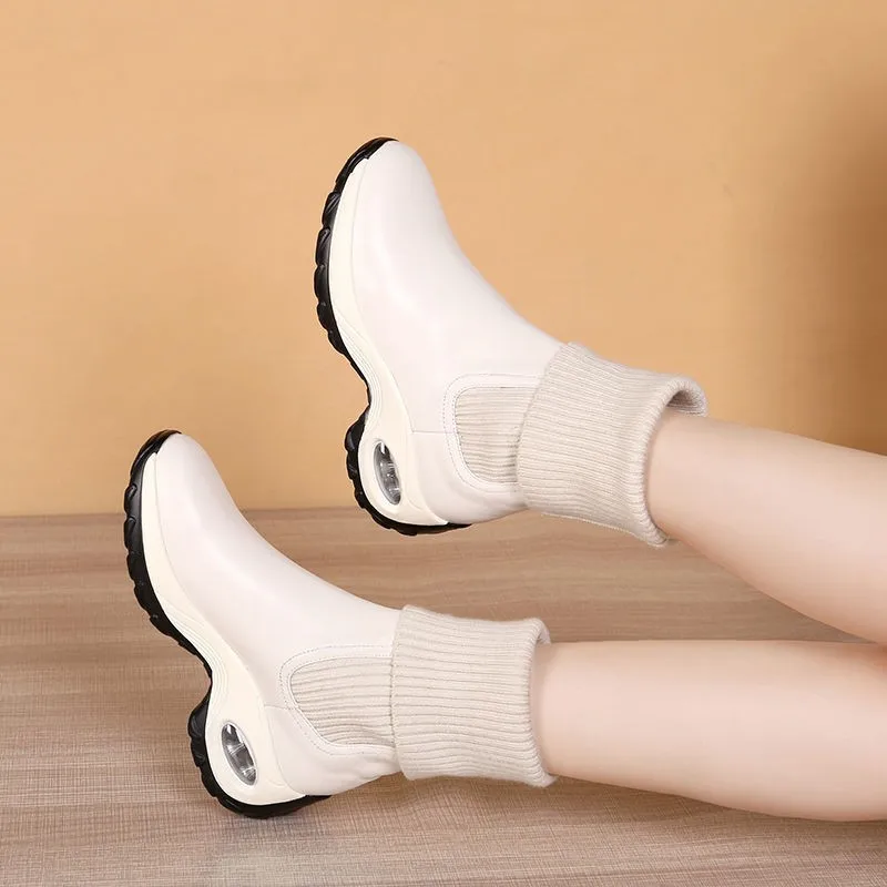 2023 Hot Sales Autumn and Winter New Cashmere Thickened Warm Patent Leather Mid-heel Wedges Women's Short Boots Fashion Boots