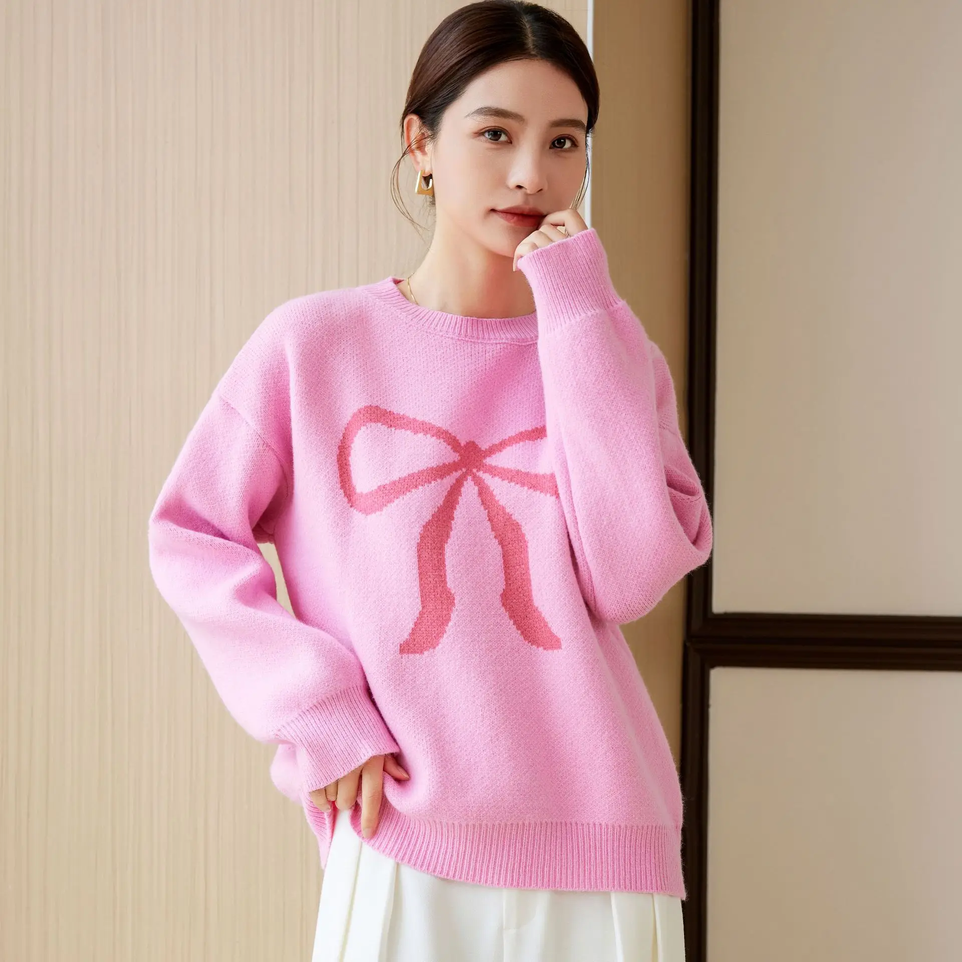 

Women's Butterfly Knot Embroidery Comfortable Long Sleeve Top for Autumn Winter Korean Style Casual round Neck Knitted Sweater