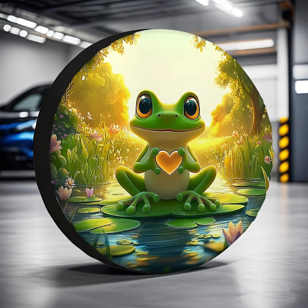 1pc Charming Frog With Heart Design Spare Tire Cover - Durable Polyester, Fits Cars & SUVs, Ideal For Beach Parking & Halloween