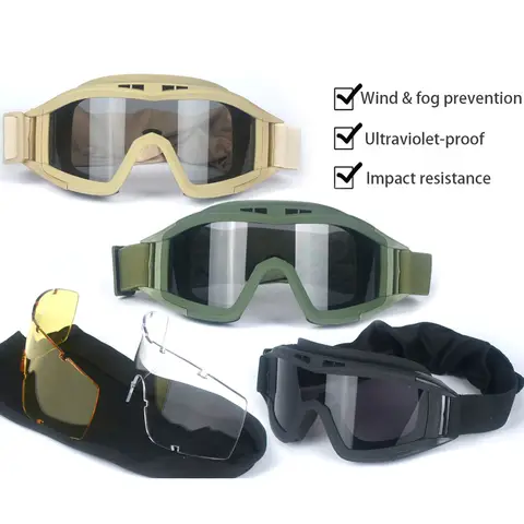 Airsoft 전술 고글 3 렌즈 방풍 방진 슈팅 모토 크로스 오토바이 등산 안전 고글 CS 보호