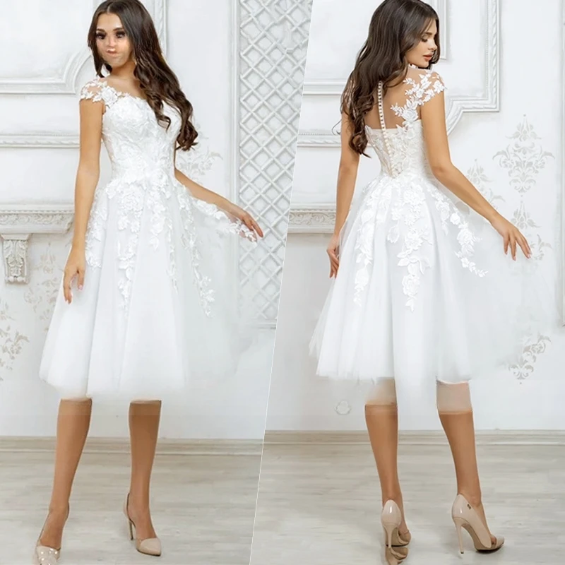 Vestidos De Novia Customized Elegant Lace Short Wedding Dress for Bride Cap Sleeve Knee Length Appliques Prom Party Bride Gowns
