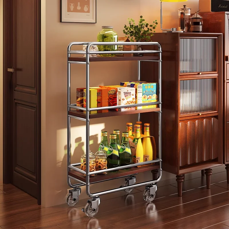 

Solid wood trolley, multi-layer storage, snacks, fruit drinks, storage shelves, floor-to-ceiling living room, mobile side table