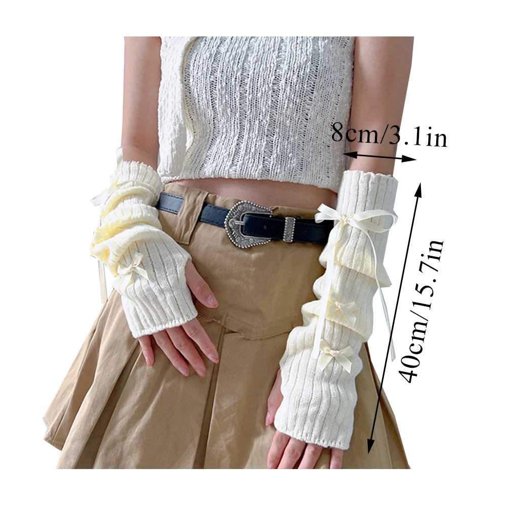 Girls Fashion Y2K Arm Warmers Half Finger Knitted Gloves Cute Bowknot Decoration Soft Thicken Warm Arm Sleeves Solid Color