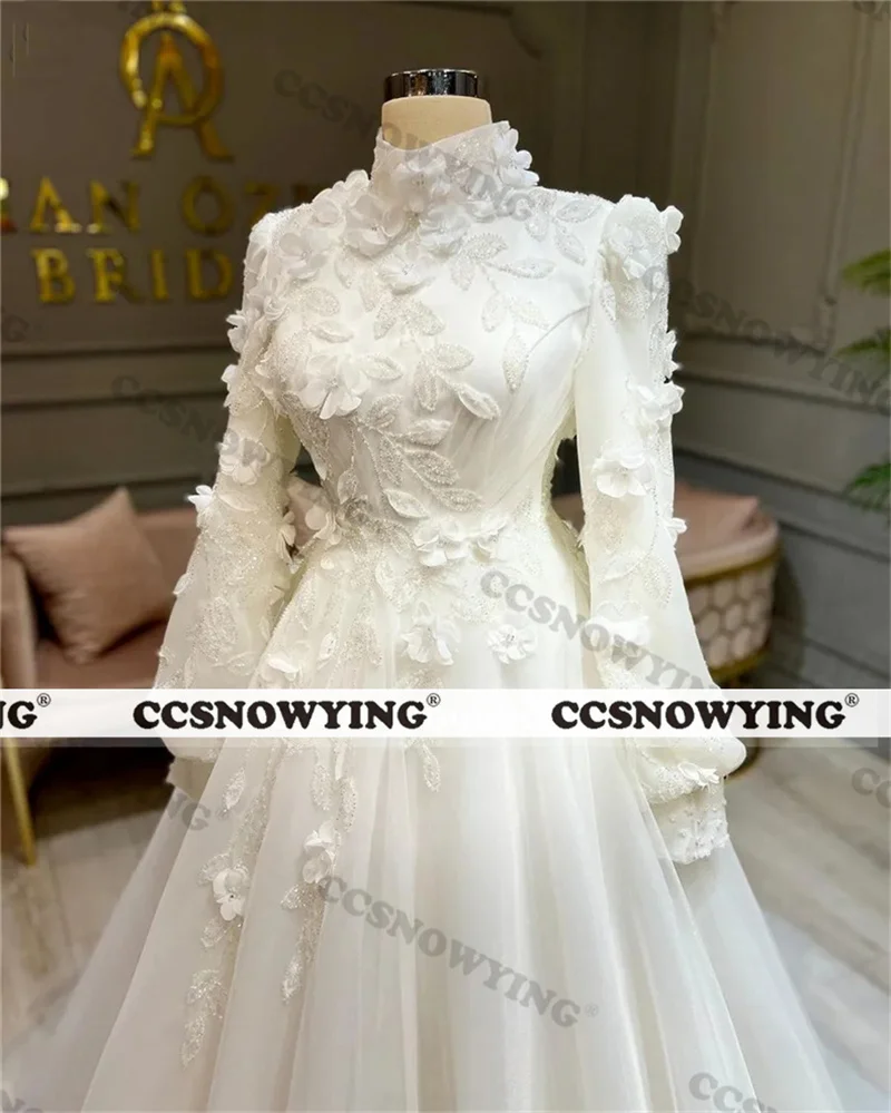 Fashion Appliques Beaded Muslim Wedding Dress for Bride Long Sleeve Islamic Bridal Gowns High Neck Women Arabic Robe De Mariée