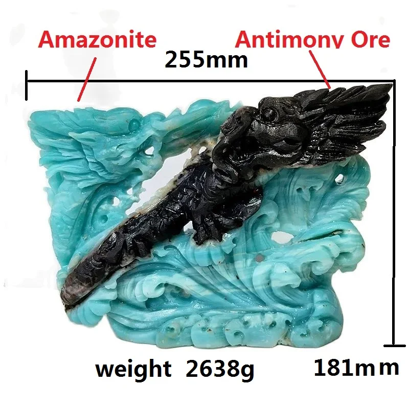 Natural Stone Amazonit Crystal Dragon Statue And Antimony Ore Mineral Symbiont DIY Hand Engraving Home Luxurious Decor Reiki