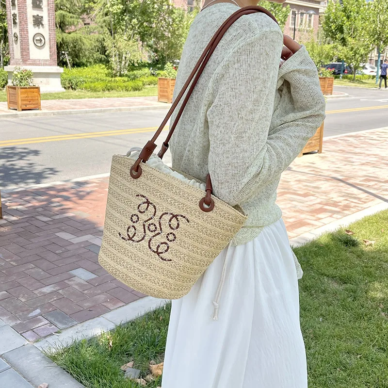 New women's festival woven shoulder straw bag letter decoration high quality summer seaside beach women's bucket bag handbag