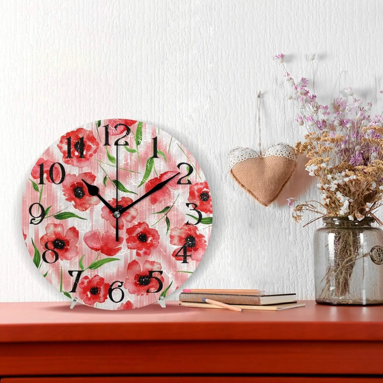 Red Poppy Peony Flowers Tie Dye Gradient Wall Clock 9.5 Inch Non-Ticking Silent Clocks Round Bathroom Clock Battery Operated Qua