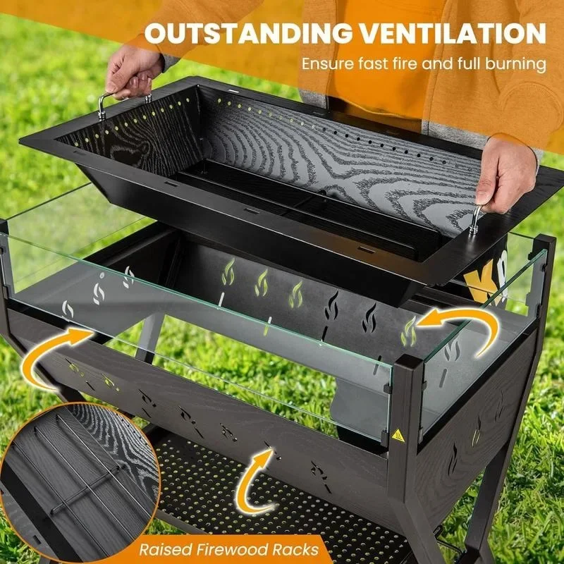 Giantex Charcoal Grill with Transparent Glass Wind Guard, Heavy Duty BBQ Grill Campfire Pit, Fire Bowl, Side Spice Racks