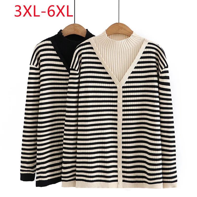 

New 2022 Ladies Autumn Winter Plus Size Tops For Women Large Size Long Sleeve Stripe Sweaters 3XL 4XL 5XL 6XL