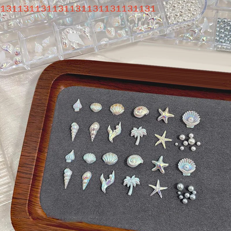 3D Nail Art Accessories for A Dreamy and Ocean Manicure Look, Shell, Starfish, Mermaid Tail, Blue and White, 12 Grids/Box